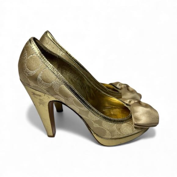 Coach Daisey Gold Platform Heels w/ Satin Bow, Peep Toe, Mono Logo, Women's 9B - Picture 5 of 12